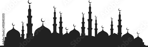 Islamic mosque skyline silhouette with domes and minarets for Ramadan Kareem celebration night background design, flat vector illustration