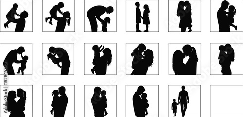 WebCollection of black silhouettes in square frames showing loving parents interacting hugging and playing with their baby and children.