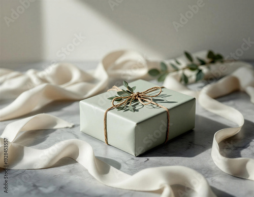 Sage tissue-wrapped gift box with cotton twine knot and dried eucalyptus sprig on cool grey marble. Nordic minimal studio still life, shallow depth of field, 3-point lighting