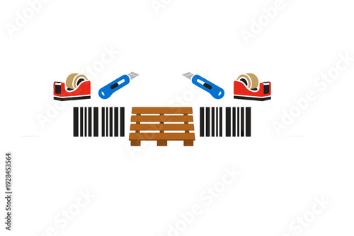 This vector illustration features warehouse equipment like red tape dispensers, blue box cutters, barcodes, and a wooden pallet arranged symmetrically on a black backdrop.