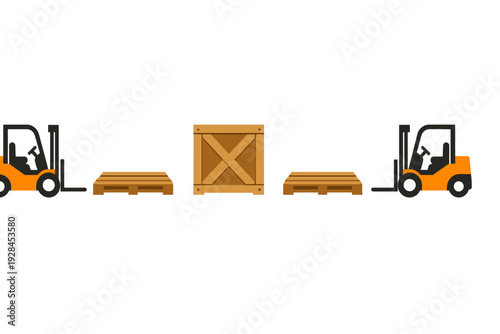 A flat vector illustration featuring two orange forklifts, two wooden pallets, and a large wooden crate centered on a black background, representing logistics and shipping.