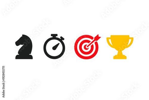 A horizontal row of four flat icons on a black background featuring a black chess knight, a black stopwatch, a red target with an arrow, and a golden trophy cup.