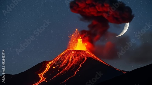 Erupting volcano at night with flowing lava and a crescent moon illuminating the scene