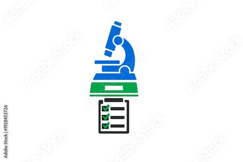 A blue and green microscope icon sits above a white clipboard with green checkmarks on a black background, representing scientific research, quality control, and lab testing.