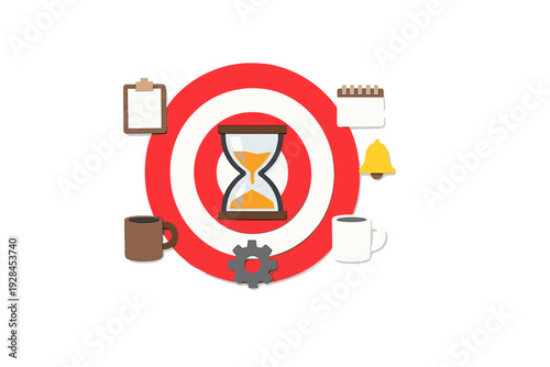 This 3D graphic features a red target with an hourglass at its center, encircled by productivity icons like a calendar, clipboard, bell, gear, and coffee mugs on black.