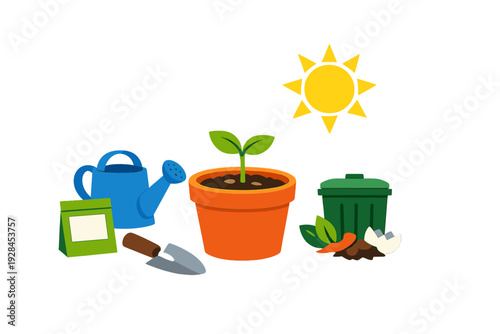 This flat vector illustration shows various gardening essentials including a small plant in a pot, a blue watering can, a trowel, a sun icon, and a compost bin.
