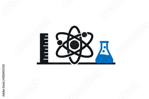 A minimalist graphic illustration featuring a black ruler, a black atom symbol, and a blue laboratory flask arranged on a horizontal line against a white background.