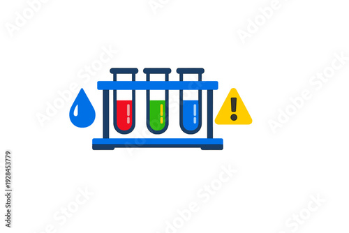 A flat illustration featuring three test tubes filled with red, green, and blue liquids in a rack, flanked by a blue water drop and a yellow warning sign on a black background.