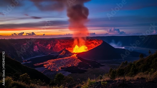 Volcanic eruption at sunset, flowing lava, plumes of smoke filling the colorful sky