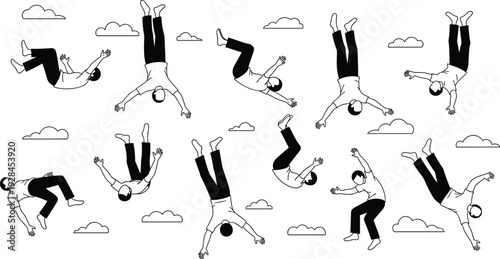 Black and white vector illustration of floating and falling people silhouettes among clouds representing dreams freedom or gravity.
