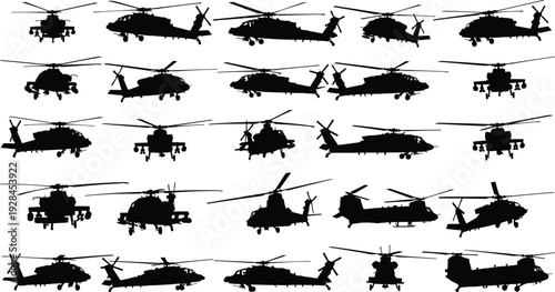 Large set of detailed black helicopter silhouettes showing various military and civilian choppers in different flight angles isolated.