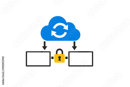 A blue cloud icon with a circular sync symbol is connected by arrows to two black rectangular boxes secured by a yellow padlock, representing secure cloud data storage and synchronization.