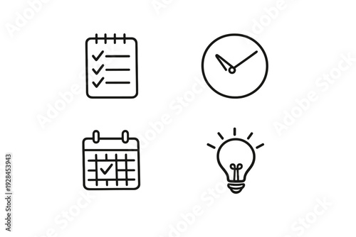A set of four minimalist line icons representing productivity and planning, including a checklist, an analog clock, a calendar with a checkmark, and a glowing light bulb.