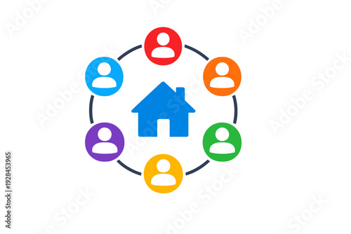 A blue house icon is centered within a circle of six colorful human profile icons connected by a line on a black background, representing community and neighborhood networking.