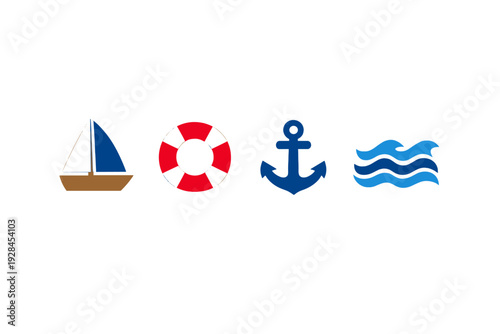 This set of four nautical symbols features a small sailboat, a red life ring, a blue anchor, and stylized blue waves. The icons are presented in a simple flat design on a black backdrop.