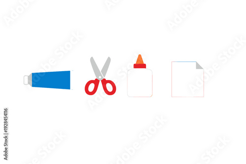 This illustration features a blue tube, red scissors, a white glue bottle, and a piece of paper. These craft tools are displayed in a row against a plain black background.