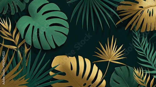 Tropical gold and green palm leaves on dark background