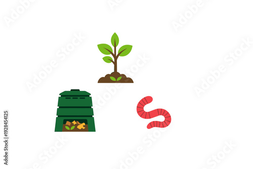 A flat vector illustration showing a green compost bin with waste, a young green plant in a pile of brown soil, and a pink earthworm, all isolated on a black background for easy use.