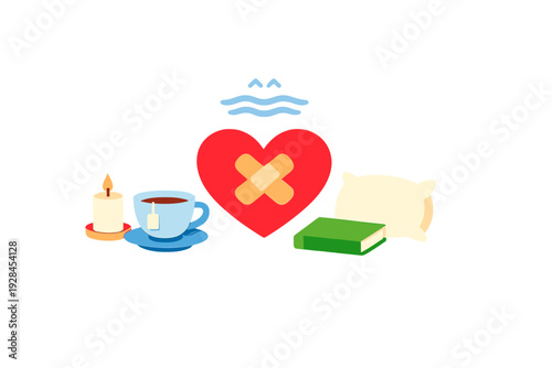 A flat illustration of a red heart with bandages surrounded by a lit candle, a cup of tea, a green book, and a pillow on a black background, symbolizing healing and self-care.