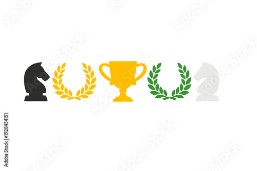 A horizontal row featuring a black chess knight, a yellow laurel wreath, a gold trophy cup, a green laurel wreath, and a white chess knight against a solid black background.