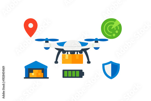 A flat illustration of a blue and white delivery drone carrying an orange package, surrounded by icons for location, radar, warehouse, battery, and security on a black background.