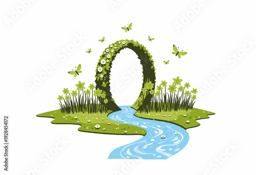 Enchanting Nature Portal Surrounded by Lush Daffodils and Gently Flowing Stream Under a Sky with Fluttering Butterflies Illustration
