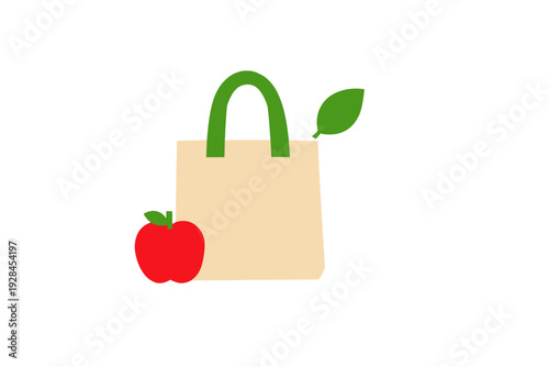 A 3D render of a beige reusable shopping bag with green handles, accompanied by a red apple and a green leaf on a black background. It symbolizes sustainable grocery shopping and health.