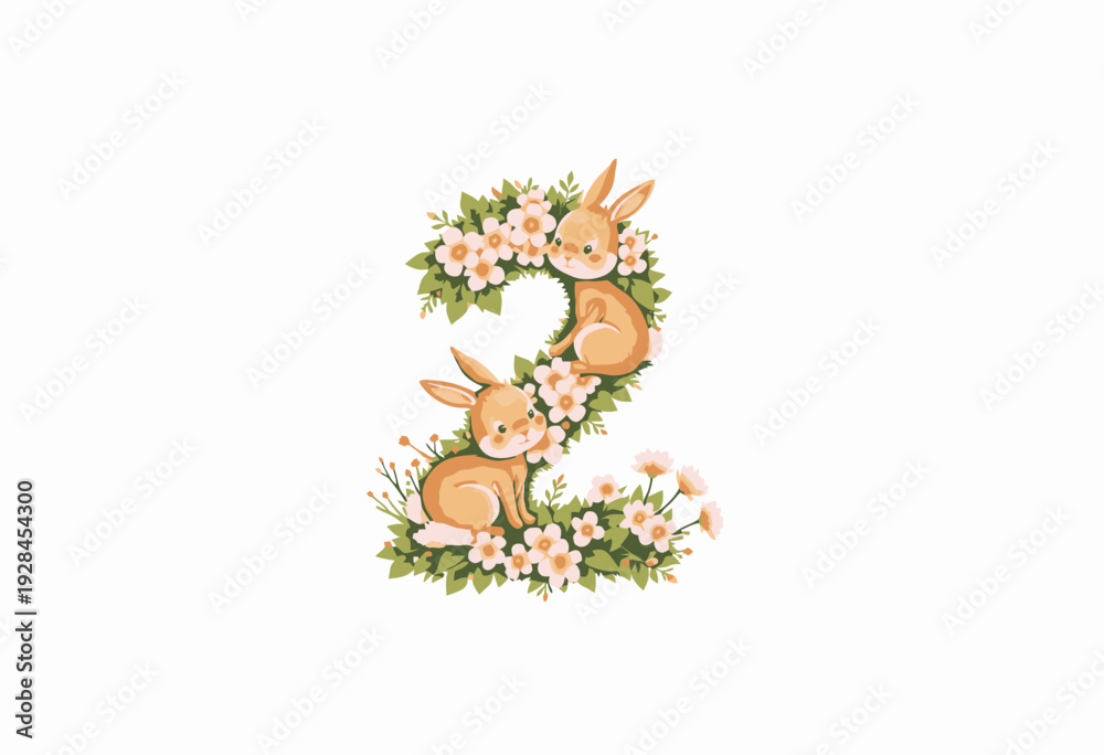 Fototapeta premium Whimsical Spring Scene with Playful Rabbits Nestled Among Blossoming Pink Flowers Creating a Vibrant Floral Number Two Design