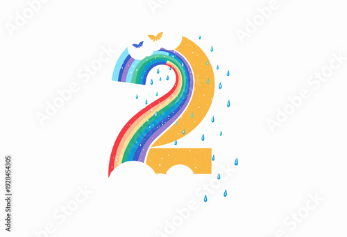 Vibrant Number Two with Rainbow, Raindrops, and Clouds Illustrating Weather and Nature Themes