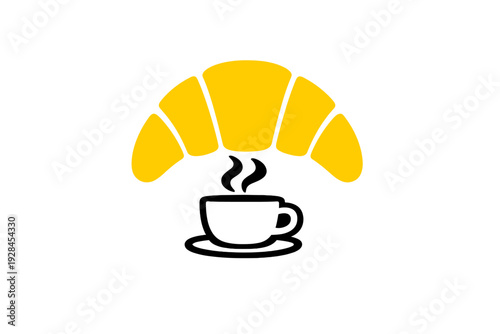 This minimalist graphic design shows a yellow croissant arching over a white cup of steaming coffee against a dark black background. Perfect for bakery and cafe concepts.