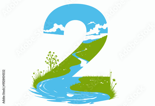 Idyllic Landscape Enclosed Within the Number Two Featuring a Serene River, Rolling Hills, Blue Skies, Blooming Flowers, and Lush Greenery on a Sunny Day