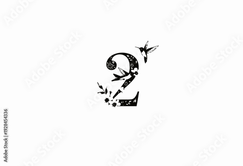 Artistic depiction of the numeral two adorned with delicate pink flowers and a hummingbird, showcasing a vivid blend of nature and typography art design