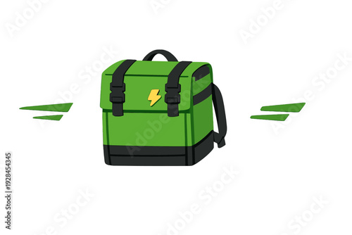 A green and black delivery backpack with a yellow lightning bolt symbol on the front, featuring black straps and buckles, set against a black background with green motion lines.