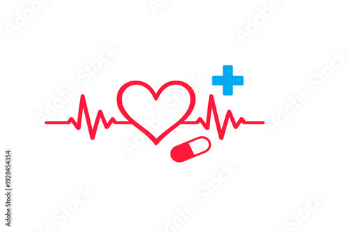 Medical illustration featuring a red heart with an electrocardiogram line, a blue cross symbol, and a capsule pill on a dark background with vertical patterns.