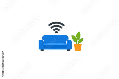 This flat illustration features a blue sofa positioned next to a green potted plant with a wireless internet signal symbol floating above it, set against a solid black background.