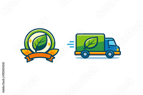 A vector illustration featuring an eco-friendly badge with a green leaf and a delivery truck with a leaf logo, symbolizing sustainable shipping and green logistics services.