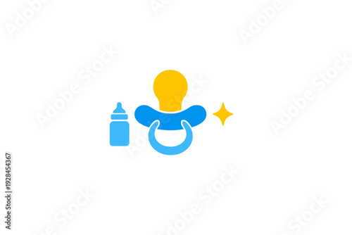 A minimalist flat vector illustration featuring a blue and yellow baby pacifier, a small blue feeding bottle, and a yellow star icon set against a solid black background.
