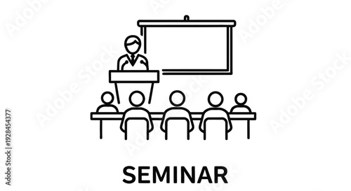 Seminar or lecture hall icon showing a teacher and students in a classroom