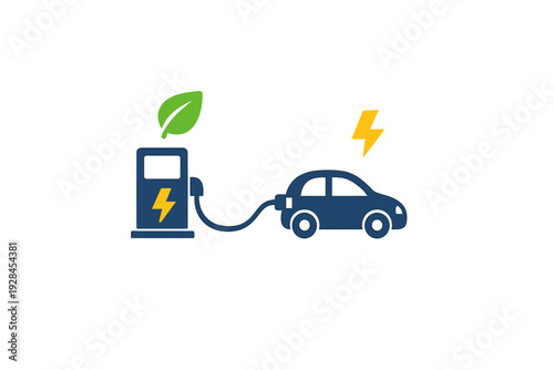 A dark blue electric car is connected to a charging station with a green leaf on top. Yellow lightning bolt symbols indicate power and eco-friendly energy on a white background.