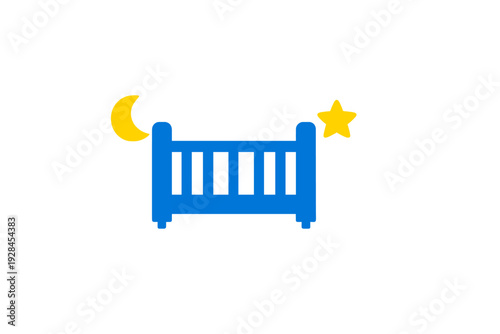 A blue infant cot icon is positioned between a yellow crescent moon and a yellow star on a solid black background. The simple illustration depicts a peaceful night sleep for a baby.