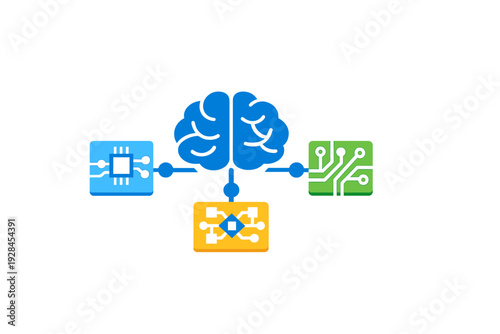 A conceptual illustration featuring a blue brain icon connected to three colorful circuit board and microchip icons on a black background, representing artificial intelligence.