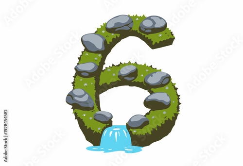 Scenic Number Six Composed of Lush Grass, Rocks, and a Waterfall Capturing the Fusion of Nature and Mathematical Symbols