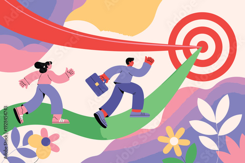 Diverse group of people running towards a bullseye target, symbolizing teamwork and achieving business goals with a vibrant, modern aesthetic.
