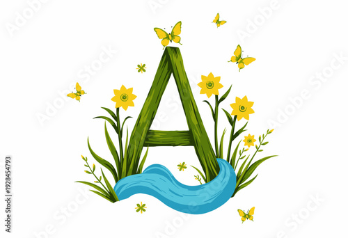 Artistic Floral Monogram Featuring the Letter A with Yellow Flowers, Butterflies, and Flowing Blue Ribbon Design