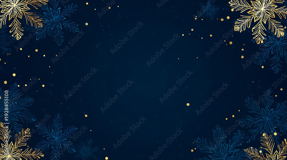 Fototapeta premium Elegant Dark Blue Background with Gold and Blue Snowflakes