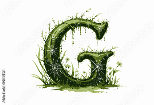 Intricately Designed Greenery-Covered Capital Letter G Adorned with Dewy Spiderwebs and Surrounding Flora Illustrates Nature's Beauty