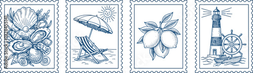 Hand drawn nautical summer postage stamp illustration set featuring seashells, beach umbrella scene, lemons with leaves, lighthouse with anchor and ship wheel, maritime line art design
