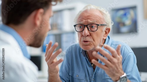 Angry stressed senior patient arguing with male doctor in medical clinic office