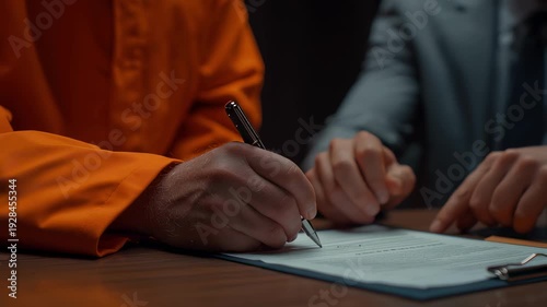 Criminal inmate in orange uniform signing legal documents with defense lawyer
