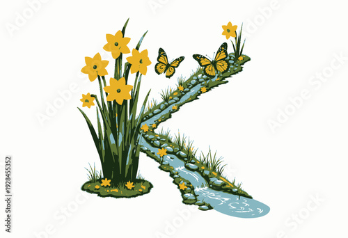 Vibrant Floral Arrangement with Flowing Stream Forming Letter K Accented by Graceful Butterflies in a Lush Garden Landscape